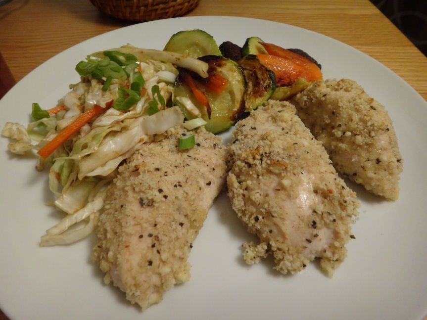 gluten free chicken tenders with cabbage salad with miso-ginger dressing