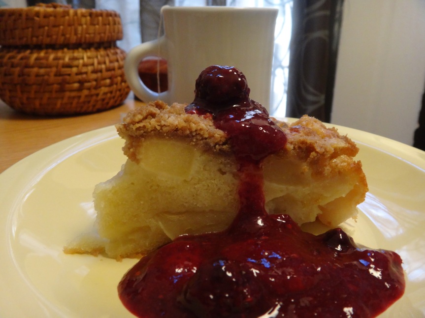 apple cake with mixed berry compote